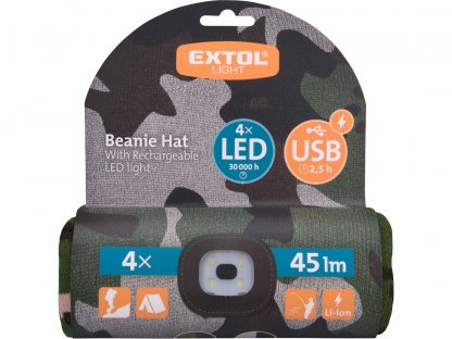 Čiapka maskáčová s čelovým svetlom, LED 4x45lm, 300mAh Li-ion, nabíjanie cez USB, EXTOL LIGHT