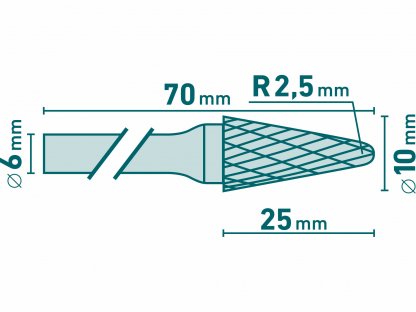 Fréza karbidová kónická, pologuľaté čelo, Ø10mm, EXTOL INDUSTRIAL