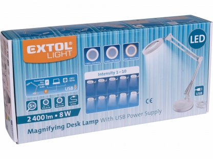 Lampa stolová s LED a lupou, 2400lm, USB napájanie, biela, EXTOL LIGHT