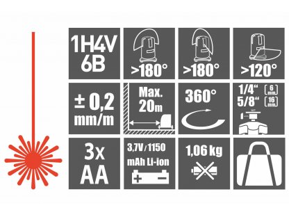 Laser líniový, krížový samonivelačný, červený, 1H-4V-6B, Li-ion akumulátor, USB nabíjanie, EXTOL PRE