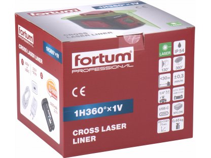 Laser líniový, krížový samonivelačný, zelený, 1D1V(1H360+1V), Li-ion akumulátor, FORTUM