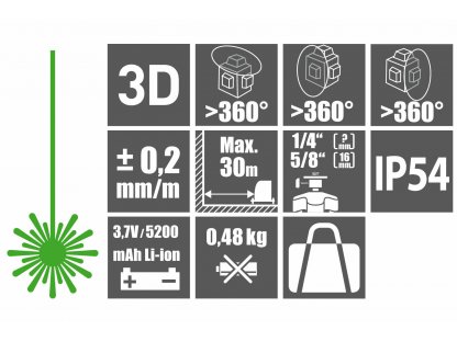 Laser líniový, krížový samonivelačný, zelený, 3D (3x360°), Li-ion akumulátor, USB nabíjanie, FORTUM