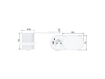 Solight 1z + USB A+C 20W PD vstavaná zásuvka s posuvným viečkom, 2m, matná biela
