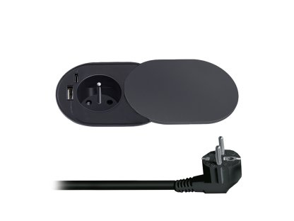 Solight 1z + USB A+C 20W PD vstavaná zásuvka s posuvným viečkom, 2m, matná čierna