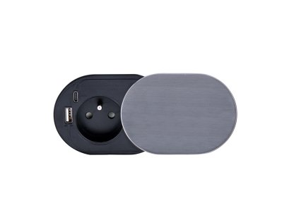 Solight 1z + USB A+C 20W PD vstavaná zásuvka s posuvným viečkom, 2m, strieborná