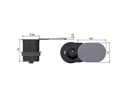 Solight 1z + USB A+C 20W PD vstavaná zásuvka s posuvným viečkom, 2m, strieborná
