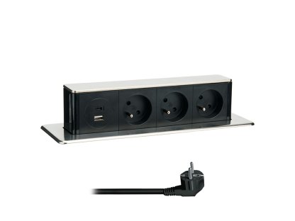 Solight 3z + USB A+C 20W PD výsuvný blok zásuviek, 2m, nerez oceľ