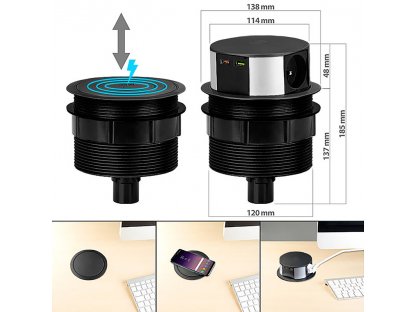 Solight 3z + USB A+C 20W PD, Wireless 10W, výsuvný blok zásuviek, 2m,  čierny