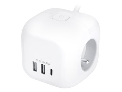 Solight 3z + USB A+C predlžovací prívod - kocka, 2m, 3 x 1mm2, biely, vypínač