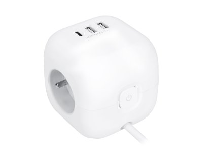 Solight 3z + USB A+C predlžovací prívod - kocka, 2m, 3 x 1mm2, biely, vypínač
