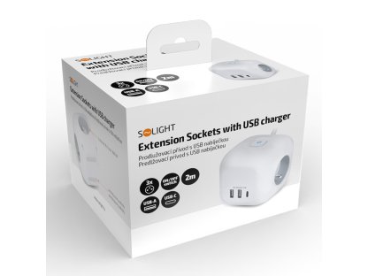 Solight 3z + USB A+C predlžovací prívod - kocka, 2m, 3 x 1mm2, biely, vypínač