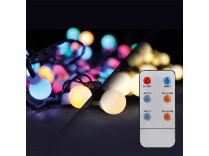 Solight LED 2v1 vonkajšia vianočná reťaz, gule, diaľkový ovládač, 200LED, RGB + biela, 20m+ 5m, 8 funkcií, IP44