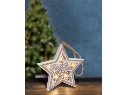 Solight LED drevená vianočná hvezda, drevený dekor, 6LED, teplá biela, 2x AAA