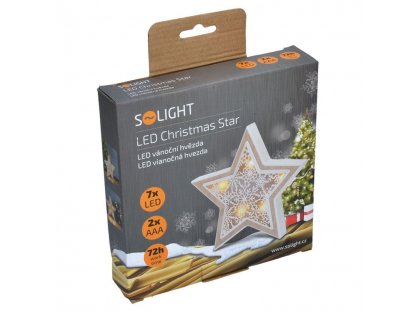 Solight LED drevená vianočná hvezda, drevený dekor, 6LED, teplá biela, 2x AAA