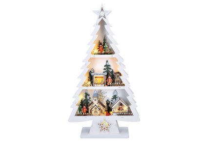 Solight LED drevený vianočný stromek s dekoráciami, 13x LED, biela, 53cm, 2x AA