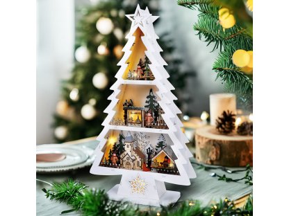 Solight LED drevený vianočný stromek s dekoráciami, 13x LED, biela, 53cm, 2x AA