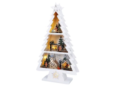 Solight LED drevený vianočný stromek s dekoráciami, 13x LED, biela, 53cm, 2x AA