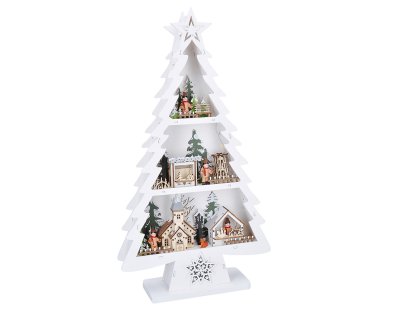 Solight LED drevený vianočný stromek s dekoráciami, 13x LED, biela, 53cm, 2x AA