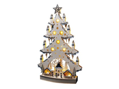 Solight LED drevený vianočný stromek s dekoráciami, 23x LED, prírodná farba, 64cm, 2x AA