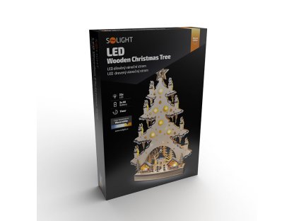 Solight LED drevený vianočný stromek s dekoráciami, 23x LED, prírodná farba, 64cm, 2x AA