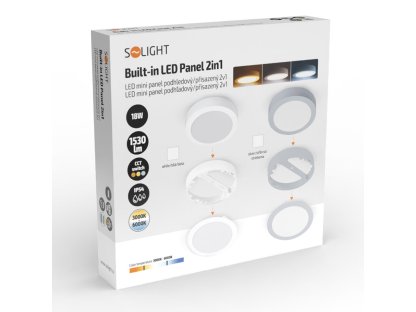 Solight LED mini panel kúpeľňový 2v1, 3CCT, podhľadový / prisadený, 18W, 1530lm, IP54, biela, okrúhly