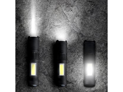 Solight LED nabíjacie vreckové svietidlo so zoomom, 100lm + 70lm, Li-Ion, USB, čierna