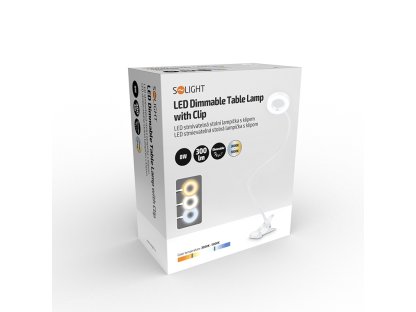 Solight LED stmievateľná stolná lampička s klipom biela, 300lm, nastaviteľná teplota svetla, USB