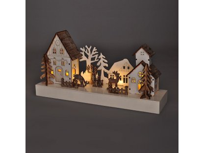 Solight LED vianočná dedinka, 34x17cm, drevo, 4 LED, 2x AA