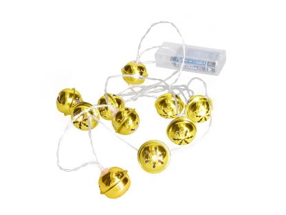Solight LED vianočná reťaz rolničky, 10x LED, zlatá, 1,5m, 2x AA