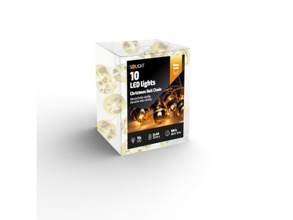 Solight LED vianočná reťaz rolničky, 10x LED, zlatá, 1,5m, 2x AA