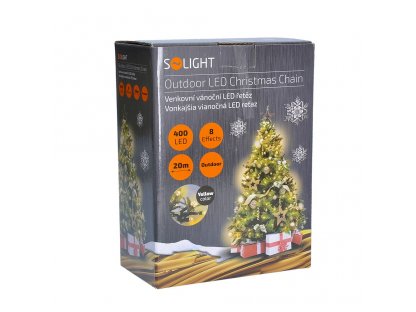 Solight LED vonkajšia vianočná reťaz, 400 LED, 20m, prívod 5m, 8 funkcií, IP44, teplá biela