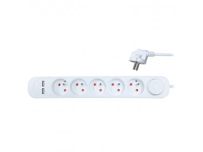 Solight predlžovací prívod 5 zásuviek, USB A+A nabíjačka 12W, 3m, 3 x 1mm2, biely, vypínač