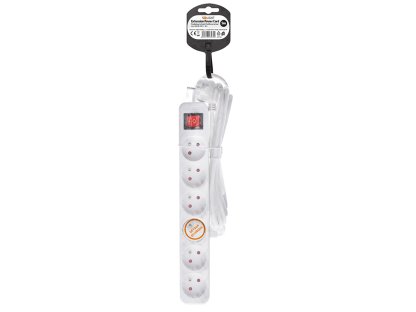 Solight predlžovací prívod 5m, 6 zásuviek, vypínač, 16A/3680W, PVC, biely
