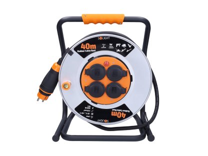 Solight predlžovací prívod - na kovovom bubne, 4 zásuvky, 40m kábel guma-neoprén, 3x 2,5mm2, IP44