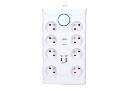 Solight prepäťová ochrana, 8z, USB A+C, 2m, biela