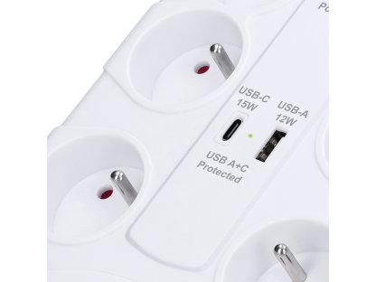 Solight prepäťová ochrana, 8z, USB A+C, 2m, biela