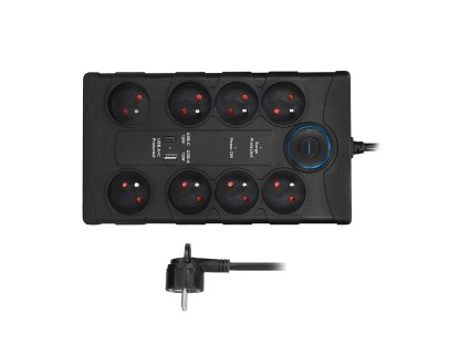 Solight prepäťová ochrana, 8z, USB A+C, 2m, čierna