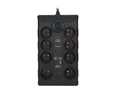 Solight prepäťová ochrana, 8z, USB A+C, 2m, čierna