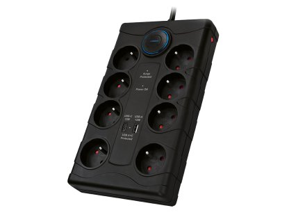 Solight prepäťová ochrana, 8z, USB A+C, 2m, čierna
