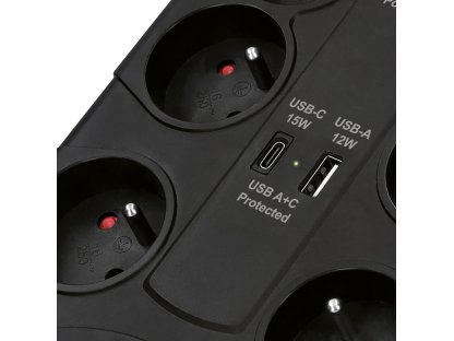 Solight prepäťová ochrana, 8z, USB A+C, 2m, čierna