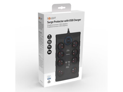 Solight prepäťová ochrana, 8z, USB A+C, 2m, čierna
