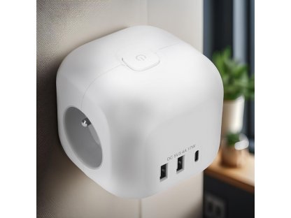 Solight rozbočka kocka, 3x 16A + USB A+C, biela, vypínač