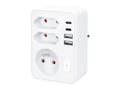 Solight rozbočovač, 1x 16A + 2x 2,5A, 2xUSB A+C, biely, vypínač