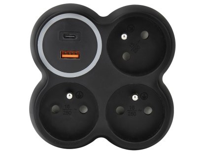 Solight rozbočovač, 3x 15A, USB A+C rychlonabíjačka 20W PD, matná čierna