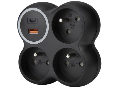 Solight rozbočovač, 3x 15A, USB A+C rychlonabíjačka 20W PD, matná čierna