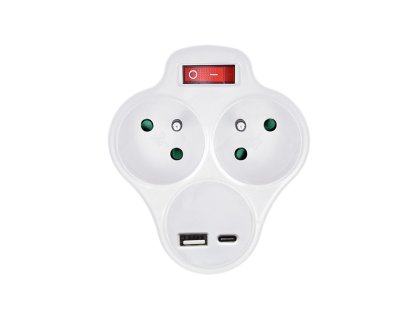 Solight rozbočovač s USB A+C nabíjačkou, 2 x 10A, biely, vypínač