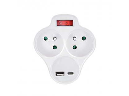 Solight rozbočovač s USB A+C rychlonabíjačkou 20W PD, 2 x 10A, biely, vypínač