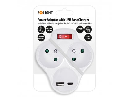 Solight rozbočovač s USB A+C rychlonabíjačkou 20W PD, 2 x 10A, biely, vypínač