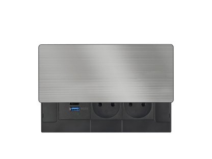 Solight vestavný blok zásuviek s posuvným krytom, 2 zásuvky, USB A+C 65W PD, 2m, strieborný