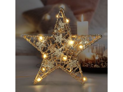 Solight vianočná hviezda glitter, zlatá, kovová, 14x LED, 2x AA